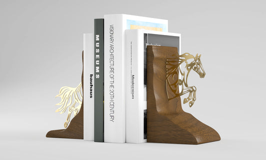 Set of two luxury bookends in the shape of an arabian horse covered with Arabic calligraphy designed by Kashida 			