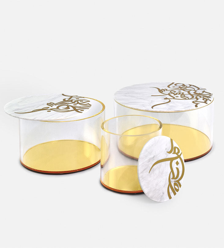 Small marble acrylic storage can with Arabic graffiti print and gold base