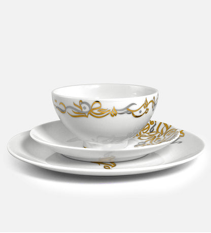 Contemporary porcelain soup plate with Arabic calligraphy fluid art