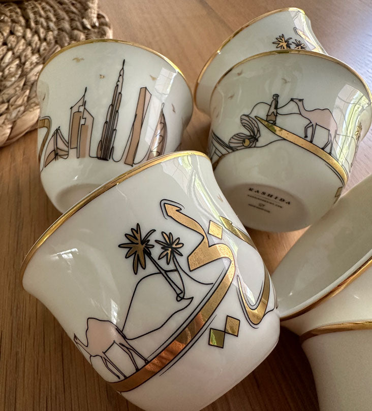 Illustrative Arabic coffee cups featuring the story of Dubai and UAE culture