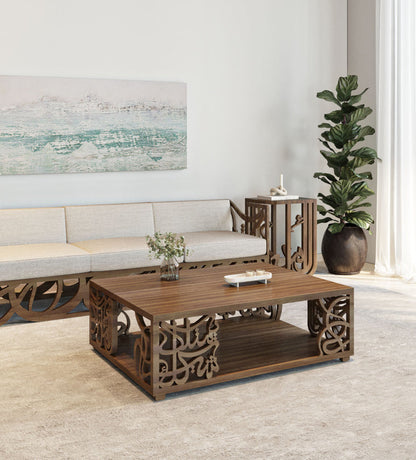 Arabic calligraphy wooden coffee table with two levels that translates to hope