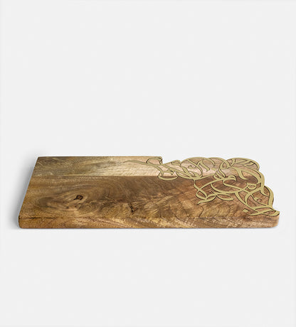 Contemporary cheese board in mango wood with Arabic calligraphy inlay