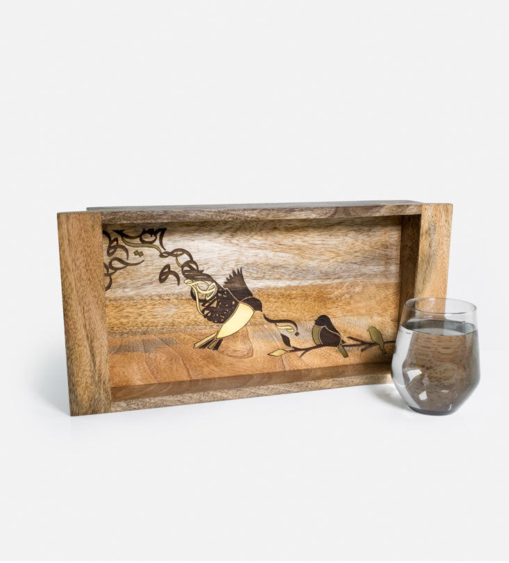 Beautiful tray featuring artwork of birds merged with Arabic calligraphy made with brass inlay and solid wood 