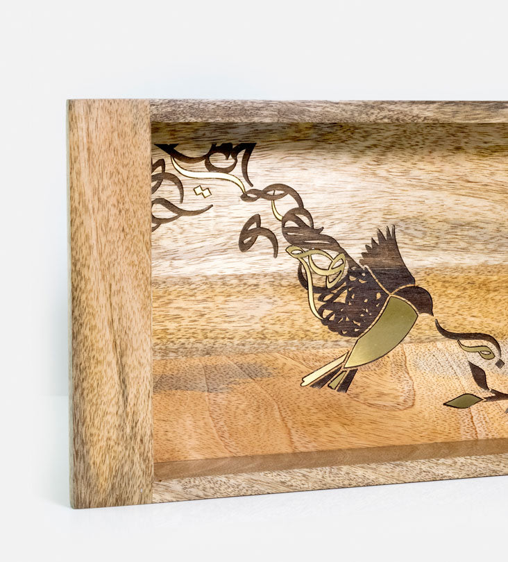 Beautiful tray featuring artwork of birds merged with Arabic calligraphy made with brass inlay and solid wood 