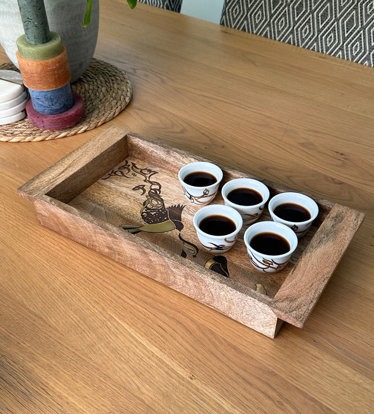 Beautiful tray featuring artwork of birds merged with Arabic calligraphy made with brass inlay and solid wood 