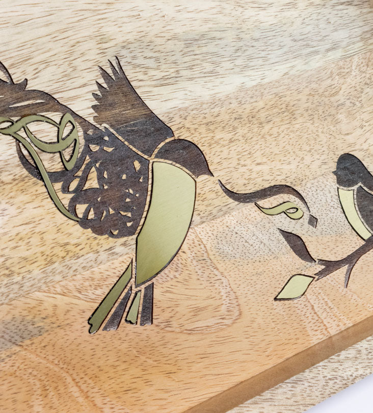 Beautiful tray featuring artwork of birds merged with Arabic calligraphy made with brass inlay and solid wood 