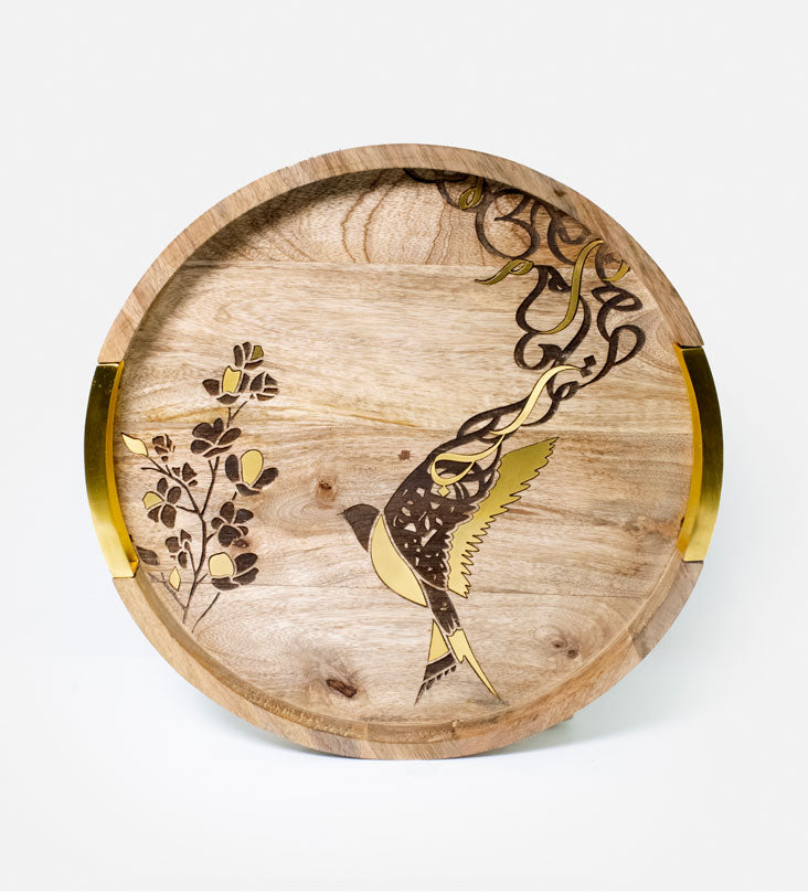 Beautiful tray featuring artwork of birds merged with Arabic calligraphy made with brass inlay and solid wood 