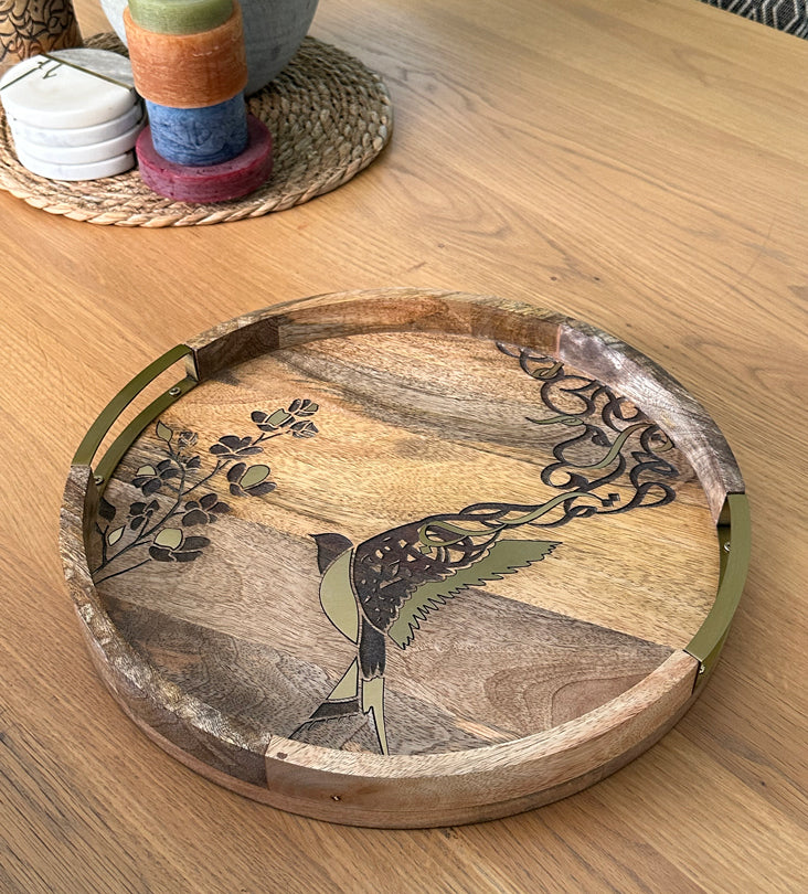 Beautiful tray featuring artwork of birds merged with Arabic calligraphy made with brass inlay and solid wood 