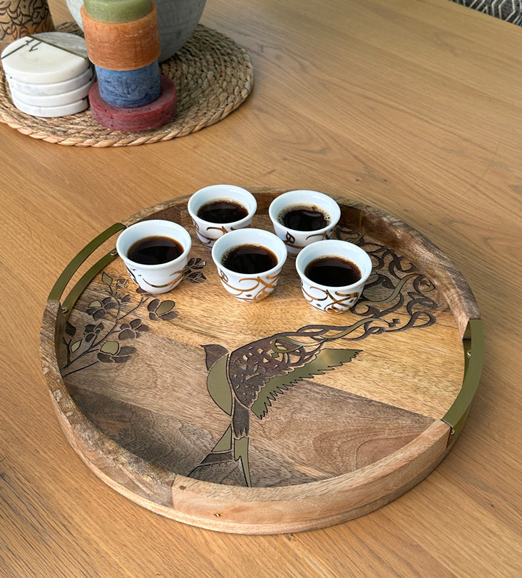 Beautiful tray featuring artwork of birds merged with Arabic calligraphy made with brass inlay and solid wood 