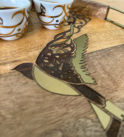 Beautiful tray featuring artwork of birds merged with Arabic calligraphy made with brass inlay and solid wood 