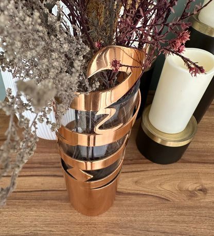 Round polished metal love vase in Arabic calligraphy