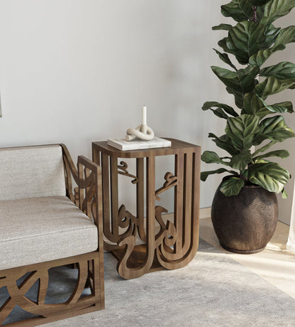 Arabic calligraphy wooden side table designed with the Arabic word for hope, Amal.