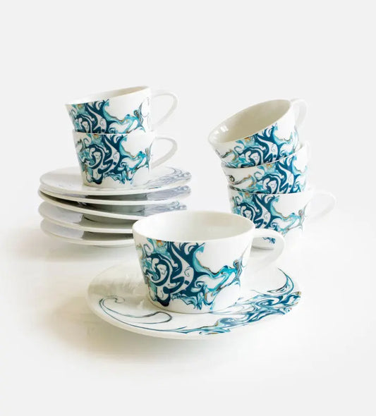 Contemporary porcelain espresso cups with Arabic calligraphy fluid art