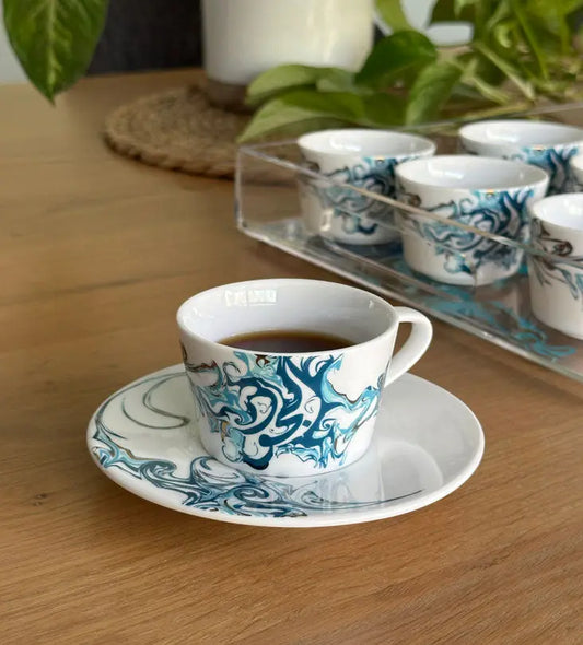 Contemporary porcelain espresso cups with Arabic calligraphy fluid art