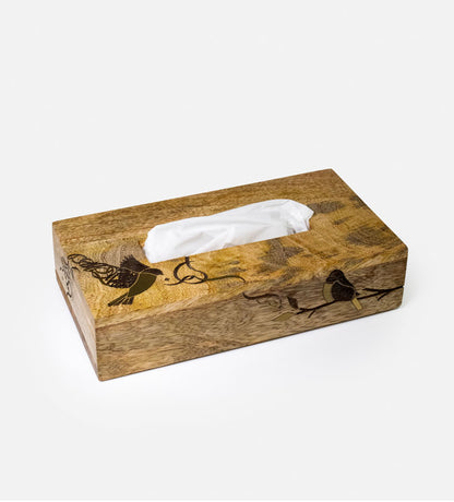 Handmade wooden tissue box featuring artwork of birds merged with Arabic calligraphy made with brass inlay