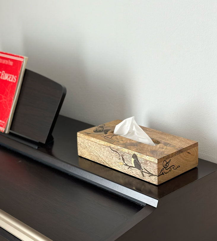 Handmade wooden tissue box featuring artwork of birds merged with Arabic calligraphy made with brass inlay