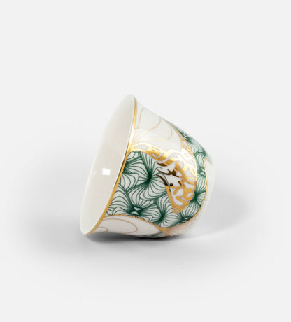 Porcelain Arabic coffee cup by Kashida in emerald green and gold hues