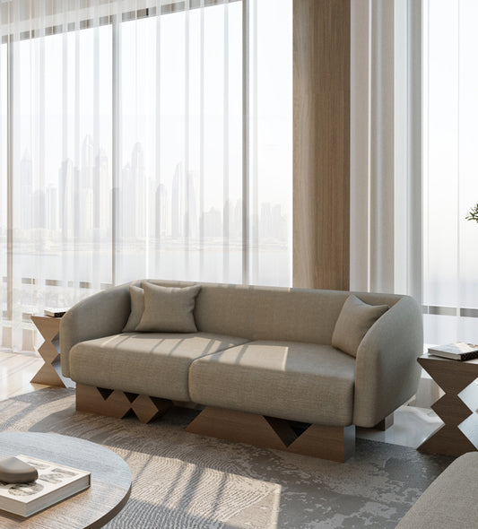 Modern majlis sofa with walnut wood and simple neutral tone upholstery from Kashida's Nuqat collection.