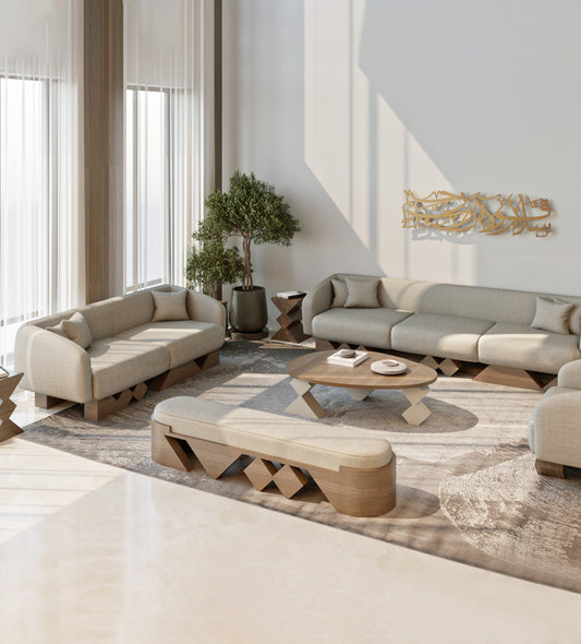 Modern majlis sofa with walnut wood and simple neutral tone upholstery from Kashida's Nuqat collection.