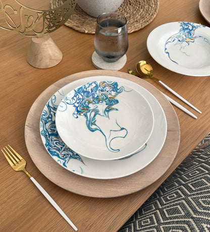 Contemporary porcelain dinner plate with Arabic calligraphy fluid art