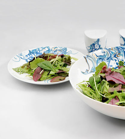 Contemporary porcelain salad plate with Arabic calligraphy fluid art