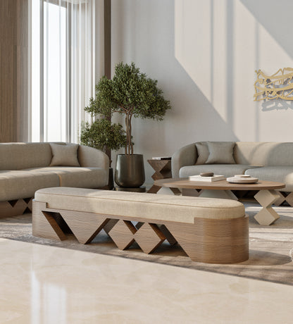 Modern wooden bench with rounded edges and neutral tone upholstery from Kashida's Nuqat collection.