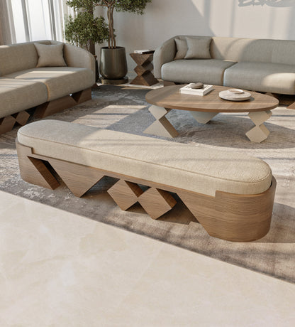 Modern wooden bench with rounded edges and neutral tone upholstery from Kashida's Nuqat collection.