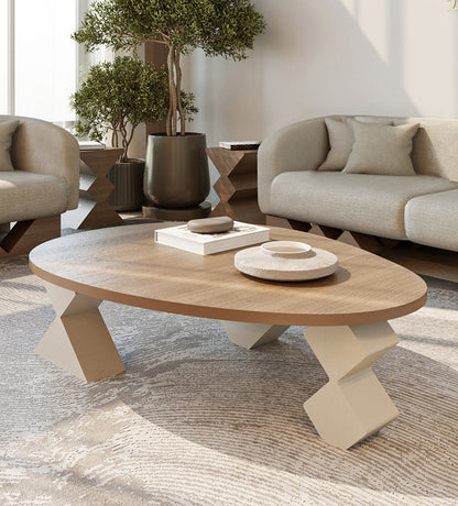 Modern and minimalist pebble-shaped wooden coffee table from Kashida design's latest collection, Nuqat.