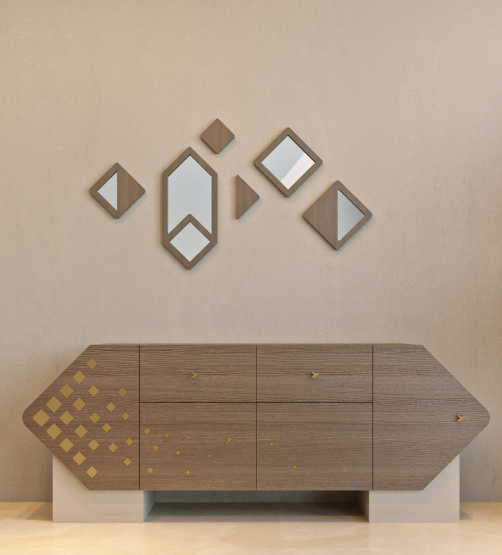 Set of small diamond shaped wooden mirrors and droplets from Kashida's latest Nuqat furniture collection