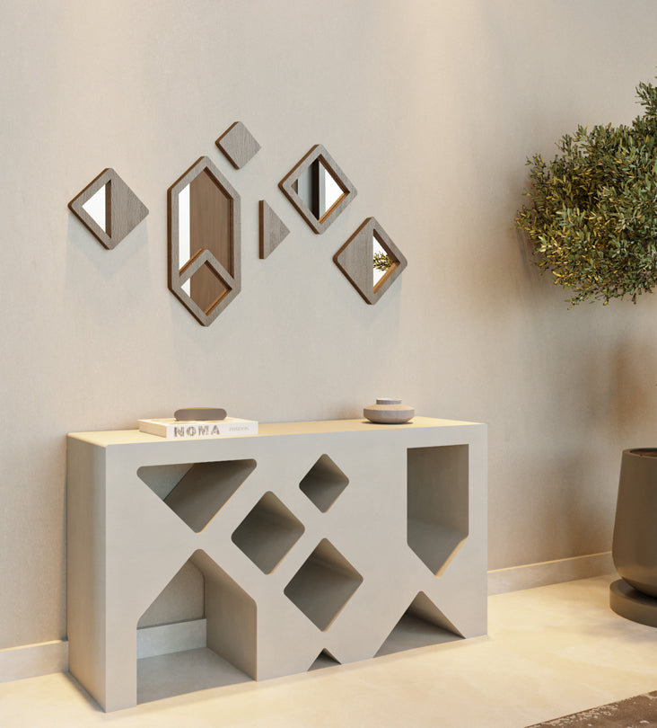 Set of small diamond shaped wooden mirrors and droplets from Kashida's latest Nuqat furniture collection