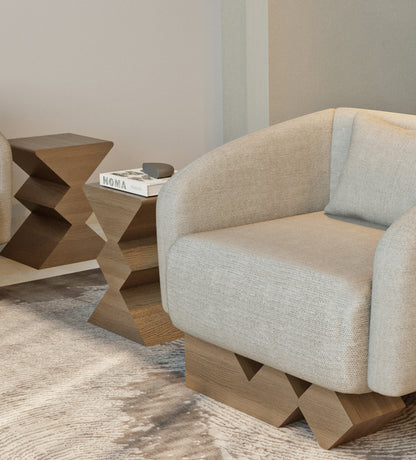 Modern wooden side table from Kashida's nuqat collection with irregular diamond-shaped structure