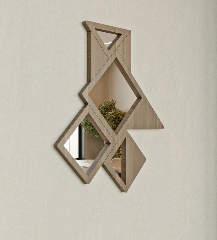 Origami-inspired vertical wooden mirror designed with diamond shaped dots in Arabic calligraphy by Kashida