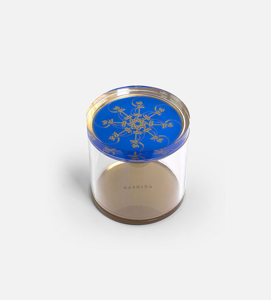 Small Acrylic cylinder container in royal blue and gold with Arabic calligraphy pattern for storing sweets