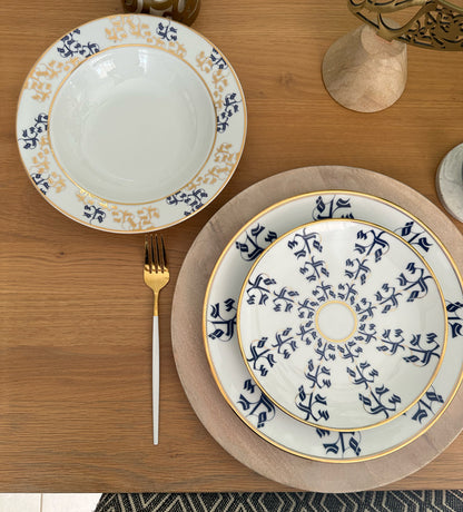 Elegant porcelain dinner plate with Arabic calligraphy pattern in royal blue and gold