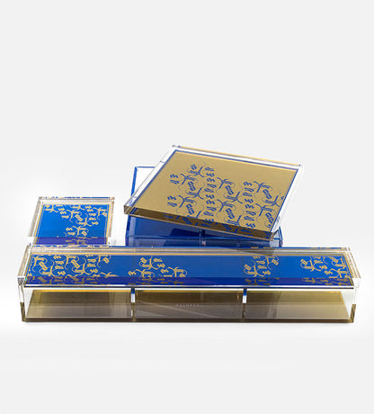 Small Acrylic printed box in royal blue and gold with Arabic calligraphy pattern