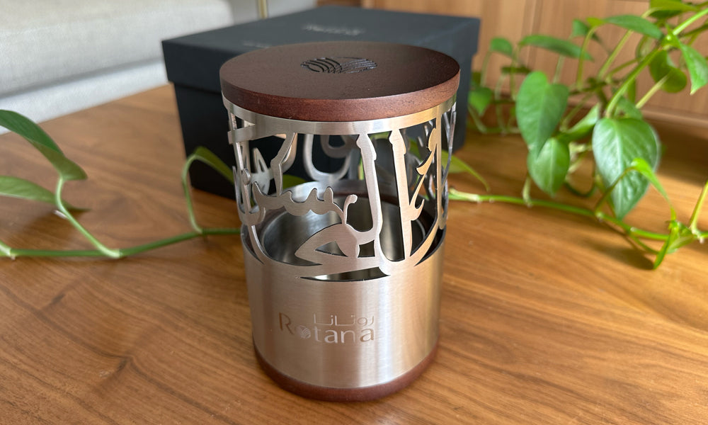 Customized incense burner featuring Arabic calligraphy designed by Kashida for Rotana Hotels