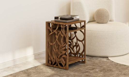 Custom made wooden table designed to fit a turntable music player featuring Arabic calligraphy featuring a phrase from Um Kulthum's famous song