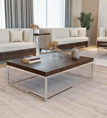 Wood and steel coffee table featuring kufic arabic calligraphy engraved on the edges of the table