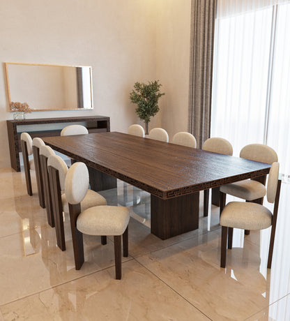 Luxurious wide wooden dining table with arabic calligraphy carvings that fits up to 12 people.