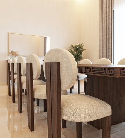 Luxurious wide wooden dining table with arabic calligraphy carvings that fits up to 12 people.