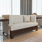 Beige upholstered 3 seater sofa featuring Arabic calligraphy carved woodwork from Kashida design