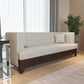 Beige upholstered 4-seater sofa featuring Arabic calligraphy carved woodwork from Kashida design