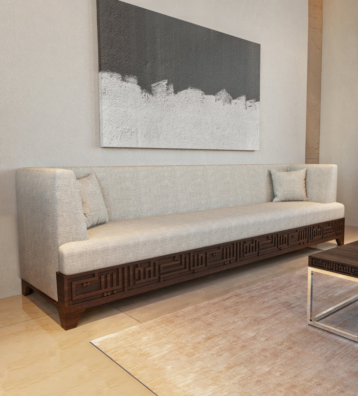 Beige upholstered 5-seater sofa featuring Arabic calligraphy carved woodwork from Kashida design