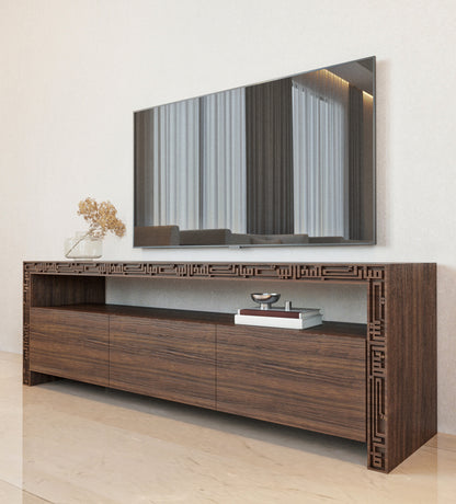 Wood and steel television console with Arabic calligraphy engraving and cabinet storage 