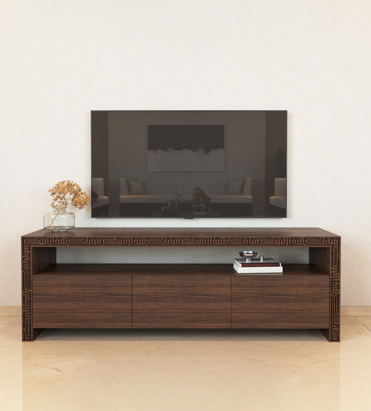 Wood and steel television console with Arabic calligraphy engraving and cabinet storage 