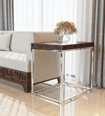 Wood and steel side table featuring kufic arabic calligraphy engraved on the edges of the table