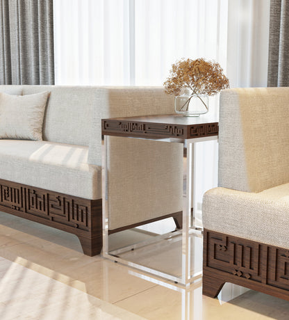 Wood and steel side table featuring kufic arabic calligraphy engraved on the edges of the table