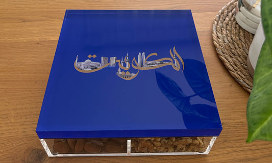 Beautiful royal blue Kuwait themed acrylic keepsake box designed by Kashida featuring Kuwait's famous landmarks