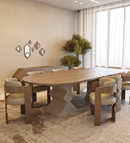 Rounded rectangle large dining table with brass inlay from Kashida's latest furniture collection, Nuqat.