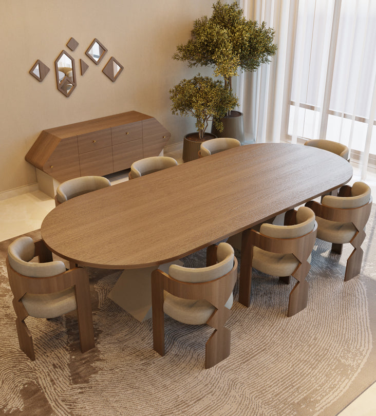 Rounded rectangle large dining table with brass inlay from Kashida's latest furniture collection, Nuqat.